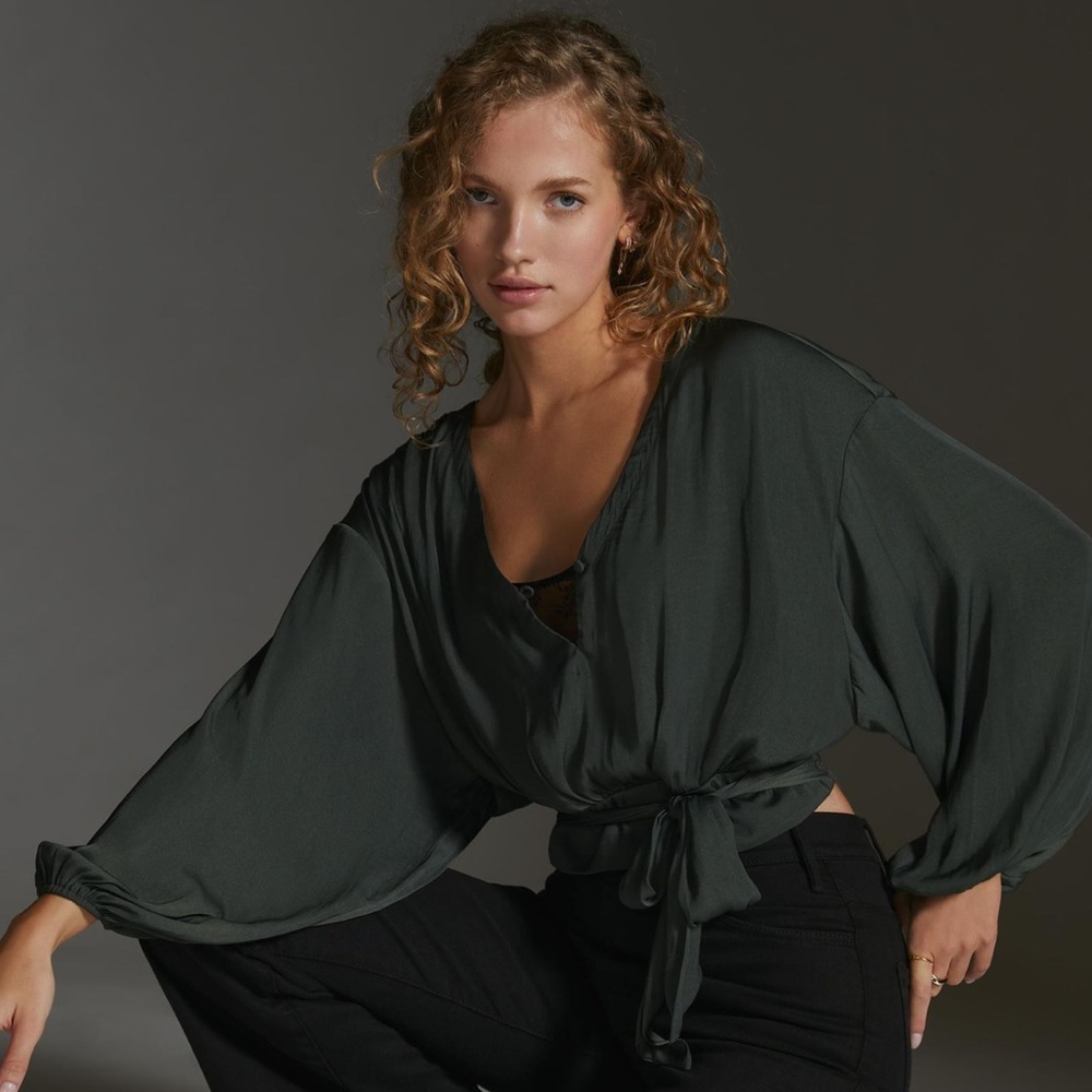 NWT - Anthropologie - Tie Waist Blouse - Moss - Small - Picture 1 of 4